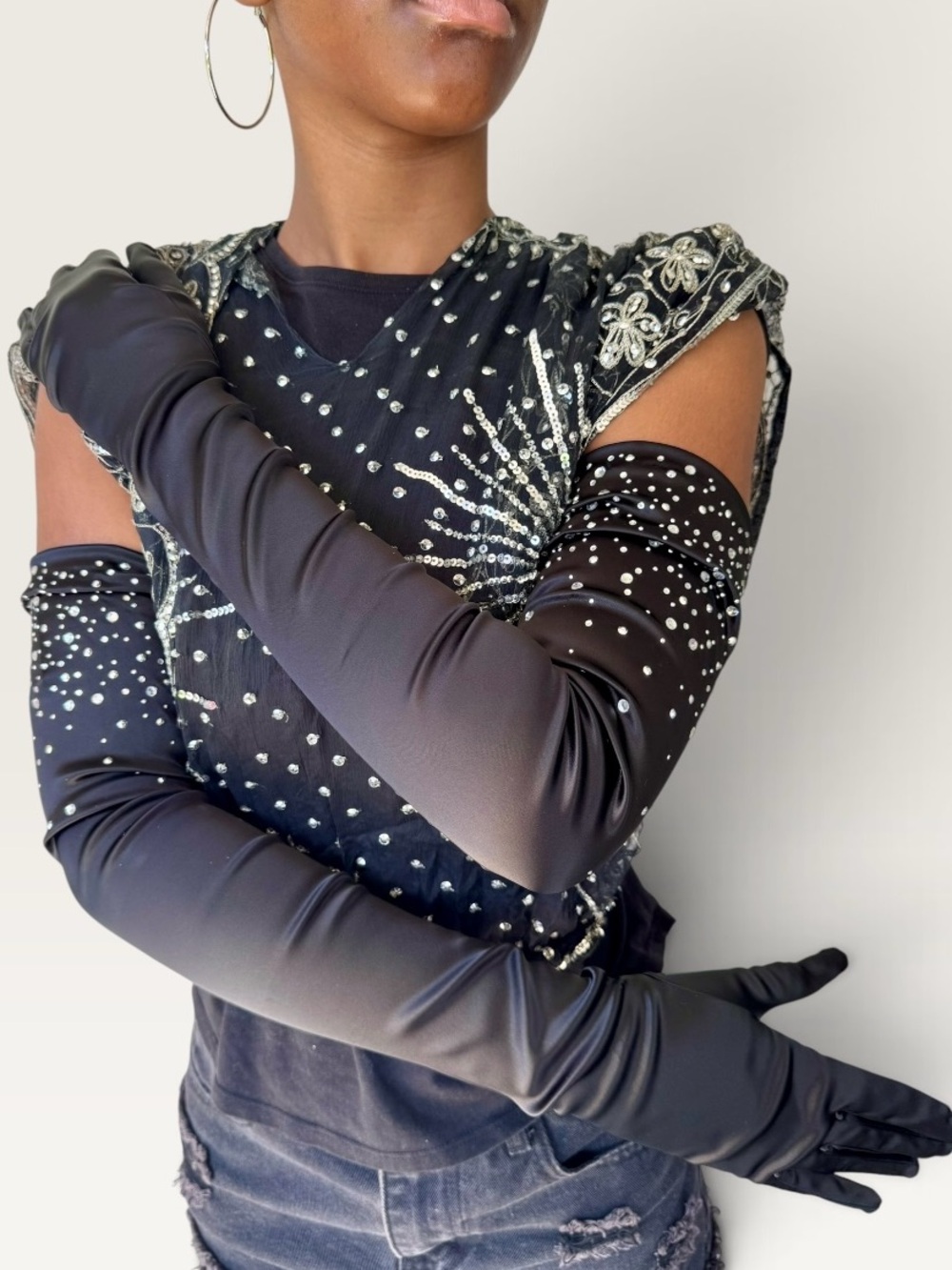 Vtg 90s St John Black Satin Opera Length Gloves Rhinestones Sz 7 Formal NWT